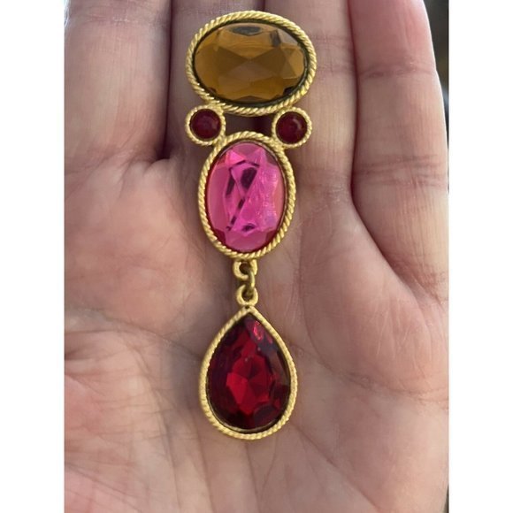 Vintage 3 Tier Orange Pink Red Crystal Three Drop Rhinestone Earrings - Picture 5 of 5